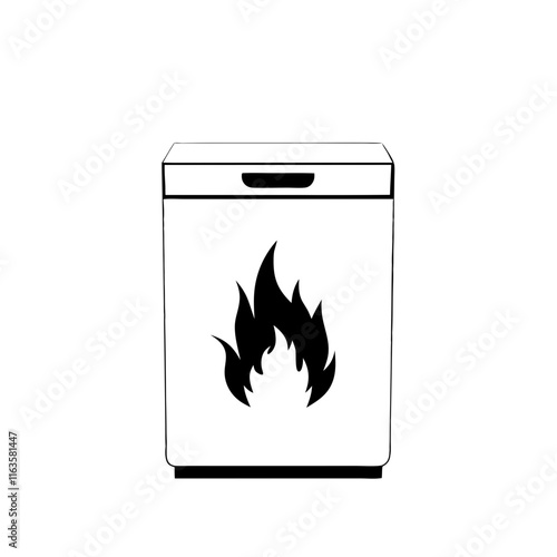 dishwasher featuring flame symbol, hinting at heat or energy usage, black line drawing