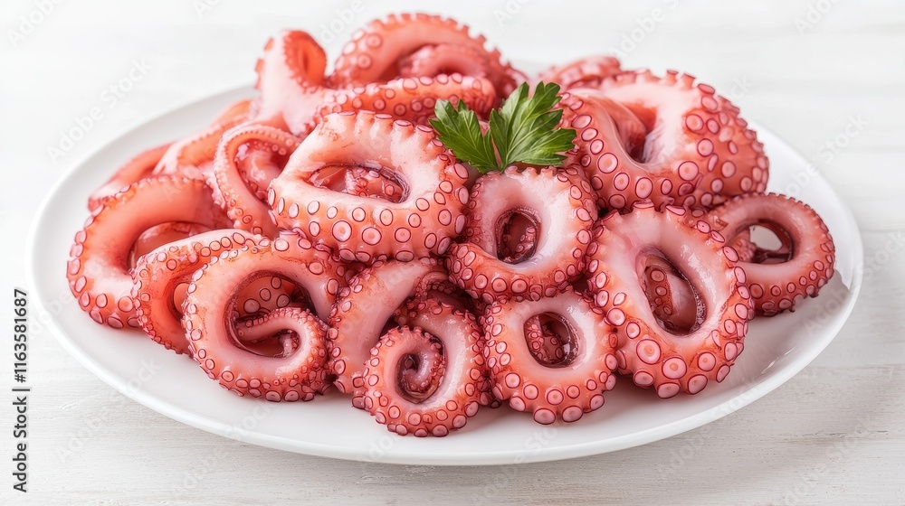 A plate of cooked octopus tentacles garnished with fresh herbs, showcasing their vibrant pink color and unique texture. A plate of cooked octopus tentacles garnished with fresh herbs, showcasing their vibrant pink color and unique texture.