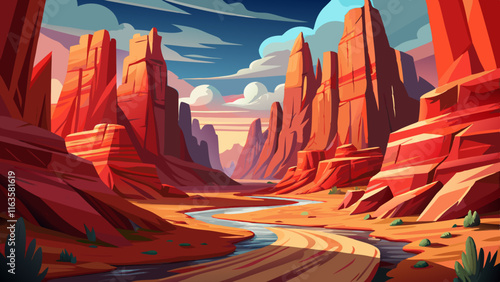 A remote desert canyon with towering red rock formations, a narrow path winding through the sandstone, and the sound of wind echoing in the distance