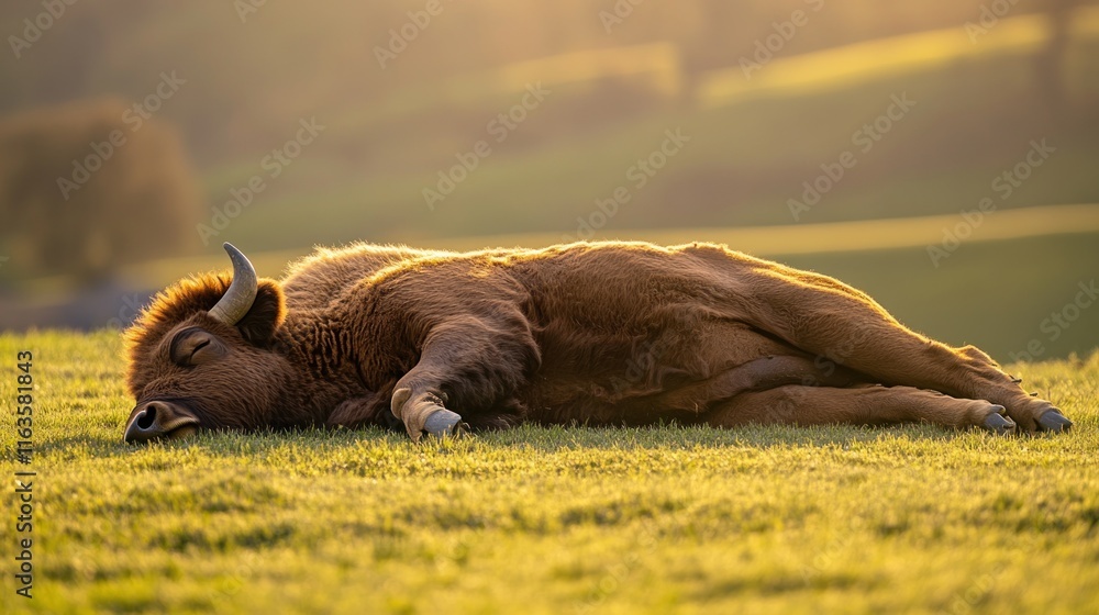 European bison lying down on a grassy field at sunset, resting peacefully. European bison lying down on a grassy field at sunset, resting peacefully.