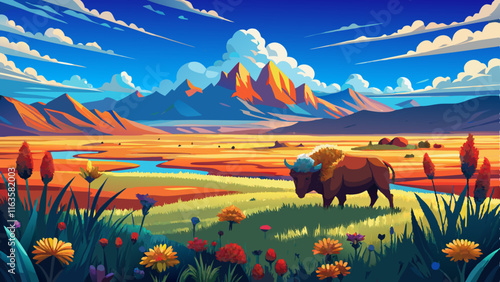A wide-open plain under a deep blue sky, scattered with wildflowers, a lone bison grazing in the distance, and a sense of peaceful isolation