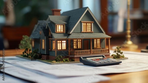 Miniature house with mortgage paper and calculator