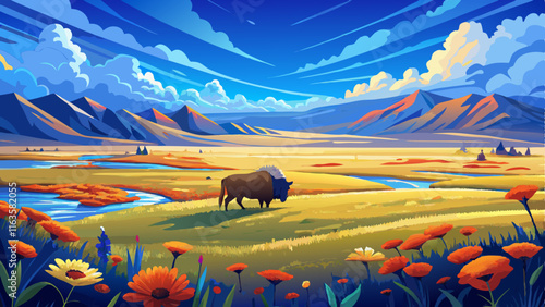 A wide-open plain under a deep blue sky, scattered with wildflowers, a lone bison grazing in the distance, and a sense of peaceful isolation