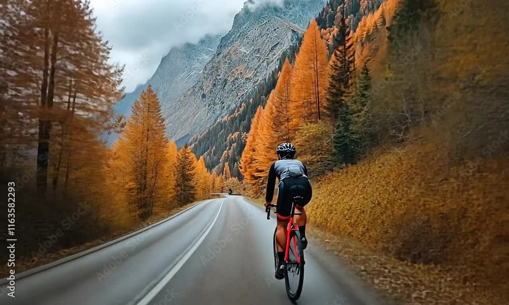 Cyclist riding through a scenic autumn landscape with vibrant foliage. Cyclist riding through a scenic autumn landscape with vibrant foliage.
