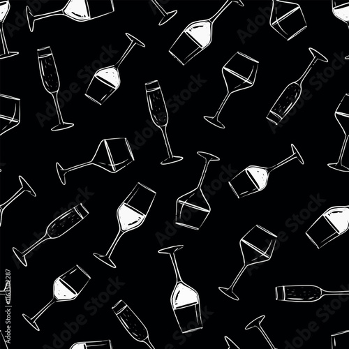 glassware seamless pattern. white on vlack chalk style