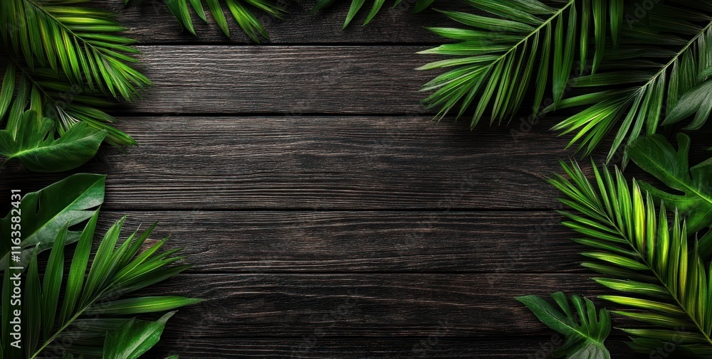 Lush green tropical leaves arranged on dark wood background. Lush green tropical leaves arranged on dark wood background.