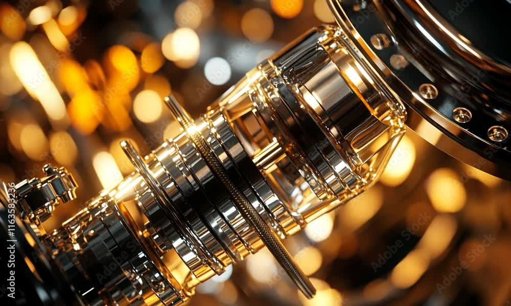 Abstract close-up of a shiny mechanical component with golden highlights. Abstract close-up of a shiny mechanical component with golden highlights.