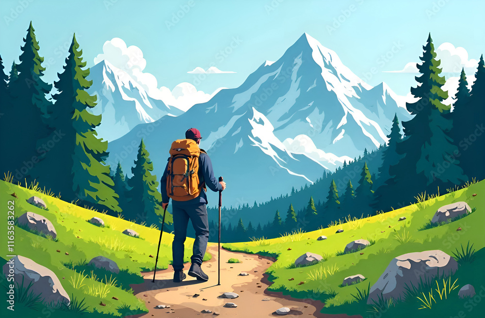 An individual carrying a backpack is strolling along a path, surrounded by impressive mountains towering in the background of the scenery