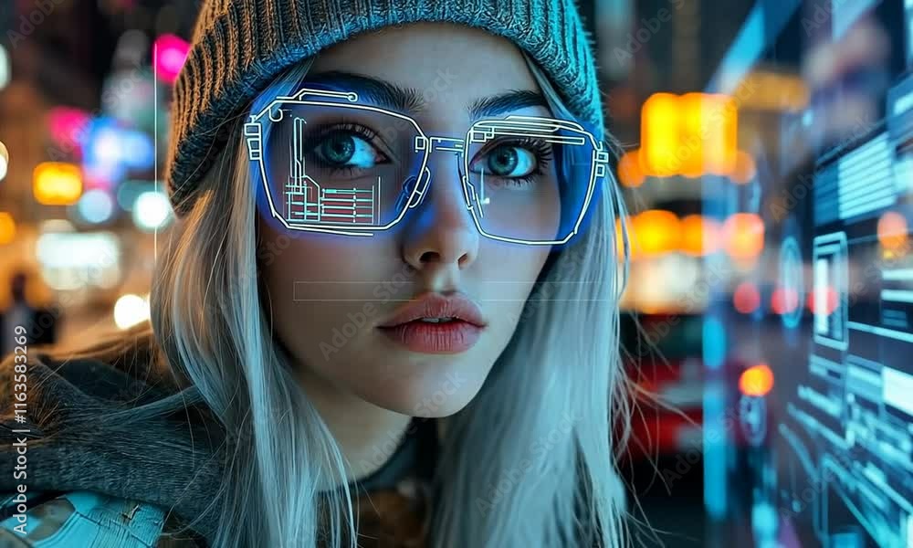 A young woman with futuristic glasses in a vibrant city scene. A young woman with futuristic glasses in a vibrant city scene.