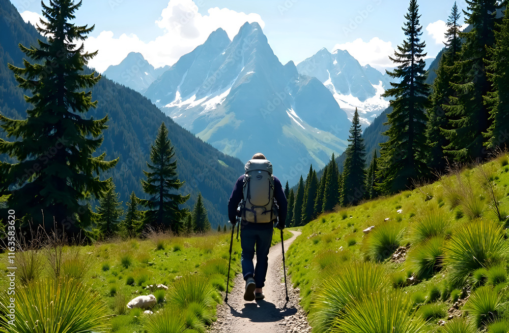 An individual carrying a backpack is strolling along a path, surrounded by impressive mountains towering in the background of the scenery