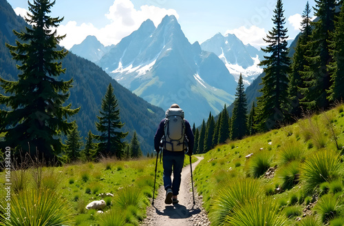 Obraz na płótnie An individual carrying a backpack is strolling along a path, surrounded by impressive mountains towering in the background of the scenery w salonie