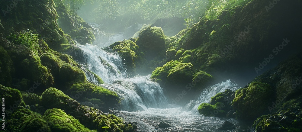 Misty Waterfall Cascading Through Mossy Rocks. Misty Waterfall Cascading Through Mossy Rocks.