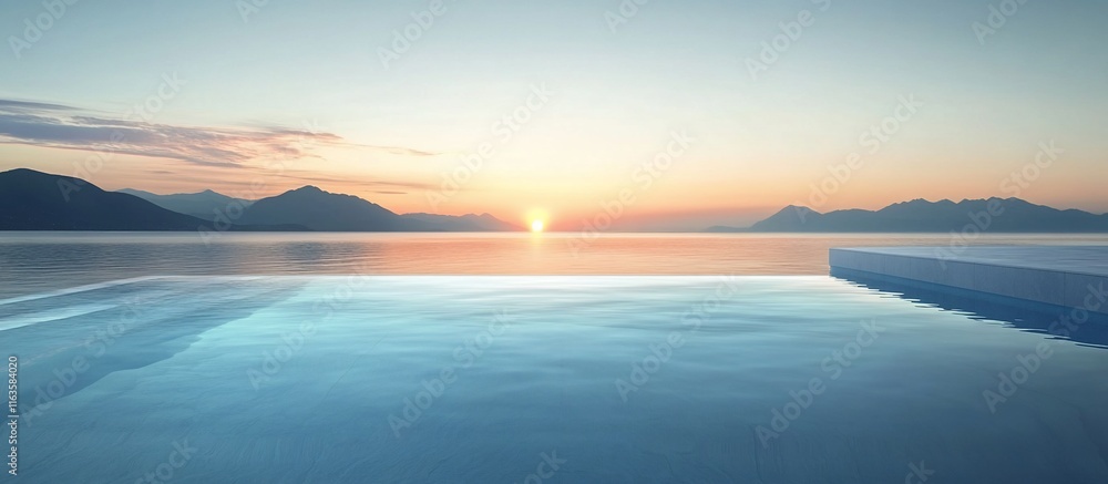 Serene Sunrise Over Mountain Lake Infinity Pool. Serene Sunrise Over Mountain Lake Infinity Pool.