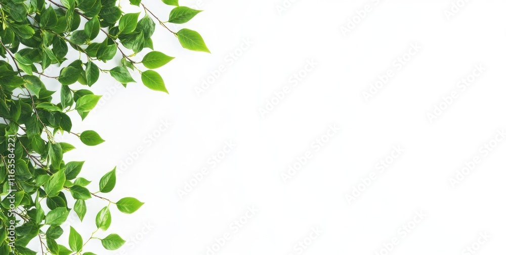 Lush green leaves border on white background; copy space. Lush green leaves border on white background; copy space.