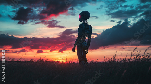 Futuristic robot silhouette against vibrant sunset sky with dramatic clouds