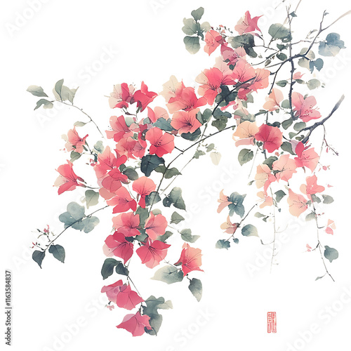 Bougainvillea watercolor clipart transparent design vintage chinese style floral artwork nature-inspired artistic environment