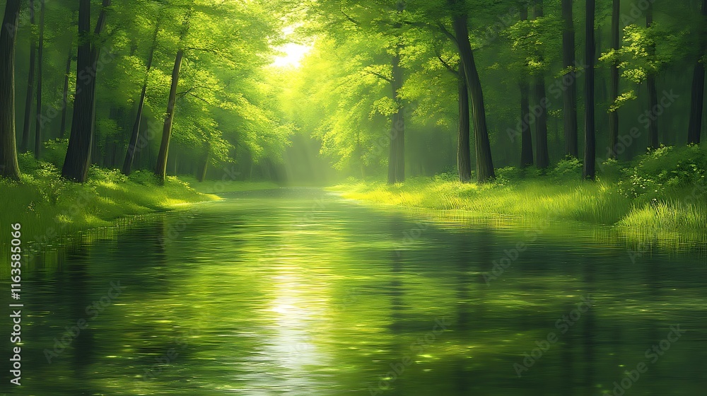 Fototapeta premium Serene Green Forest River Pathway Sunlight