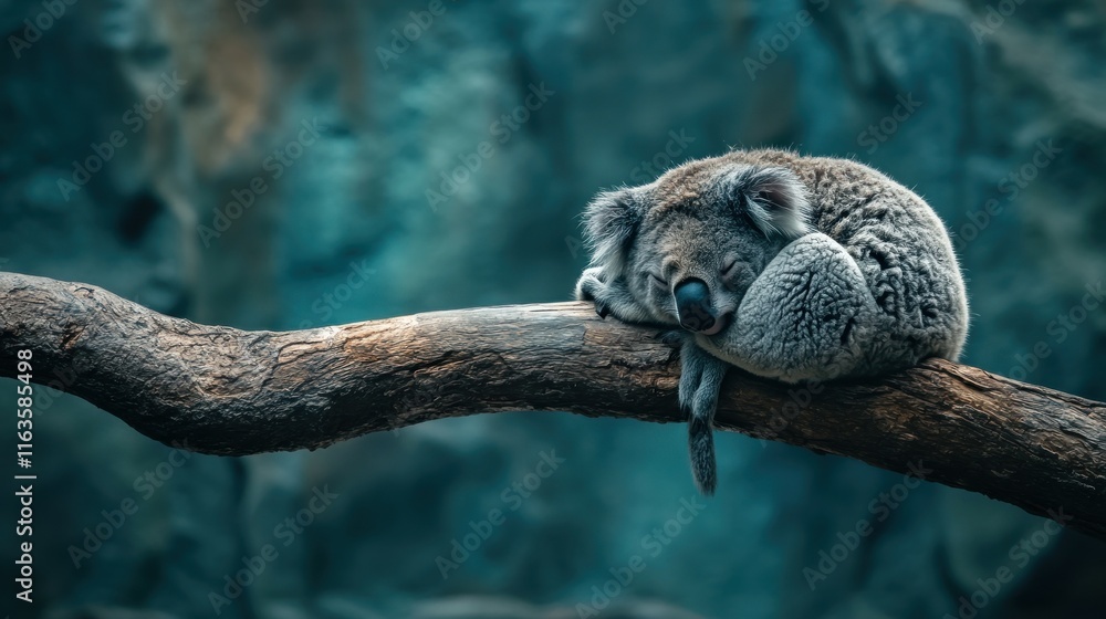 Sleeping koala curled on a tree branch against a blurred background. Sleeping koala curled on a tree branch against a blurred background.