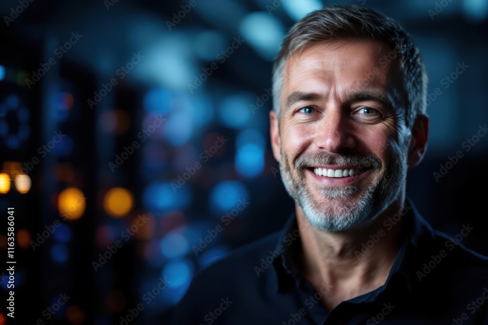 Close portrait of a smiling senior Lithuanian male IT worker looking at the camera, against dark server room blurred background. Close portrait of a smiling senior Lithuanian male IT worker looking at the camera, against dark server room blurred background.