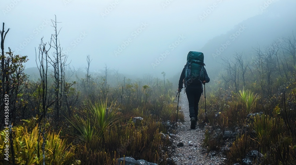Solitary hiker trekking through misty mountain terrain Solitary hiker trekking through misty mountain terrain
