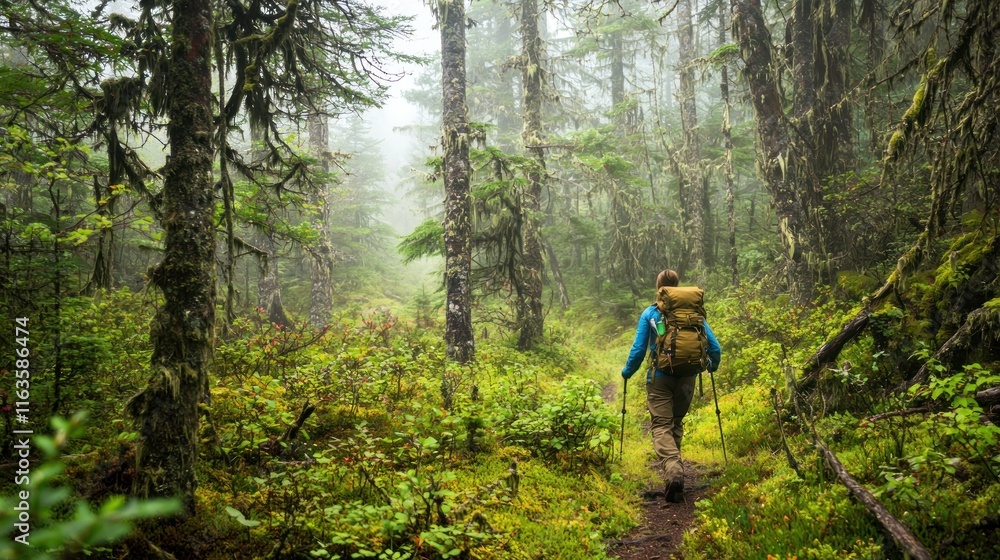 Hiker Trekking Through A Misty Mossy Forest Hiker Trekking Through A Misty Mossy Forest