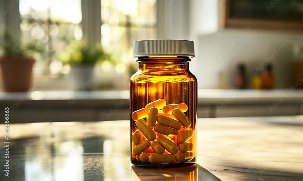A clear bottle filled with yellow capsules on a reflective surface. A clear bottle filled with yellow capsules on a reflective surface.
