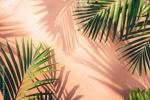 Lush green palm leaves casting shadows on a warm pink wall in bright sunlight