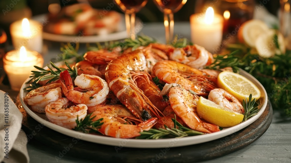 A beautifully arranged seafood platter featuring shrimp, lemon slices, and herbs, set against a warm, candlelit backdrop. A beautifully arranged seafood platter featuring shrimp, lemon slices, and herbs, set against a warm, candlelit backdrop.