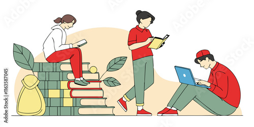 Ai-generated study scene students engaged in learning library environment digital illustration calm atmosphere