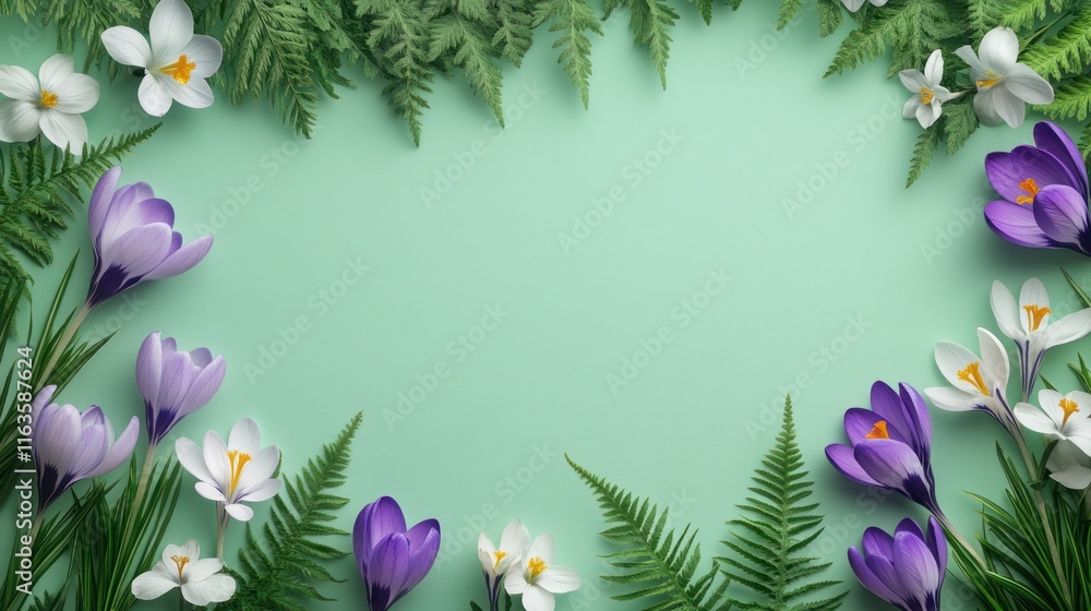 Spring flowers and ferns frame a pastel green background. Spring flowers and ferns frame a pastel green background.