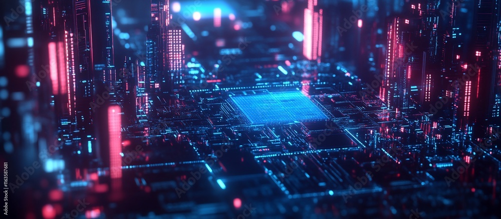 Abstract cityscape of futuristic circuit board. Abstract cityscape of futuristic circuit board.
