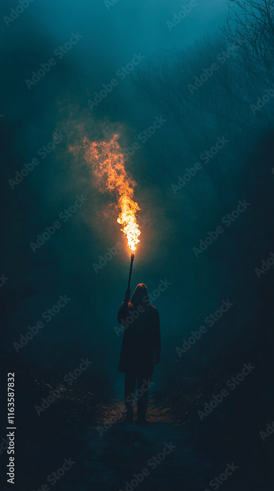 A person holding a torch illuminating a dark path A person holding a torch illuminating a dark path