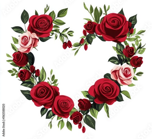 Heart-shaped arrangement made of red roses on a white background, with no shadows