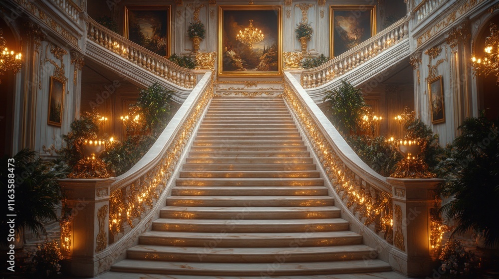 Obraz premium Grand ornate staircase, glowing lights, opulent palace.