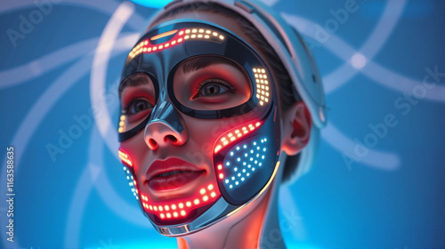 Woman using high-tech facial mask with LED lights in modern spa environment, lazer
