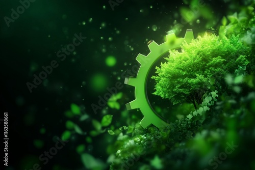 A lush green landscape featuring a gear symbol integrated with nature, representing the harmony between technology and the environment. photo