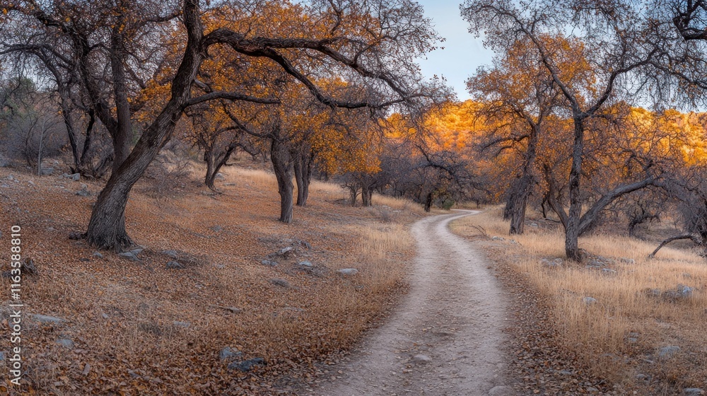 Winding dirt path through autumnal oak grove, golden leaves on hillside. Winding dirt path through autumnal oak grove, golden leaves on hillside.