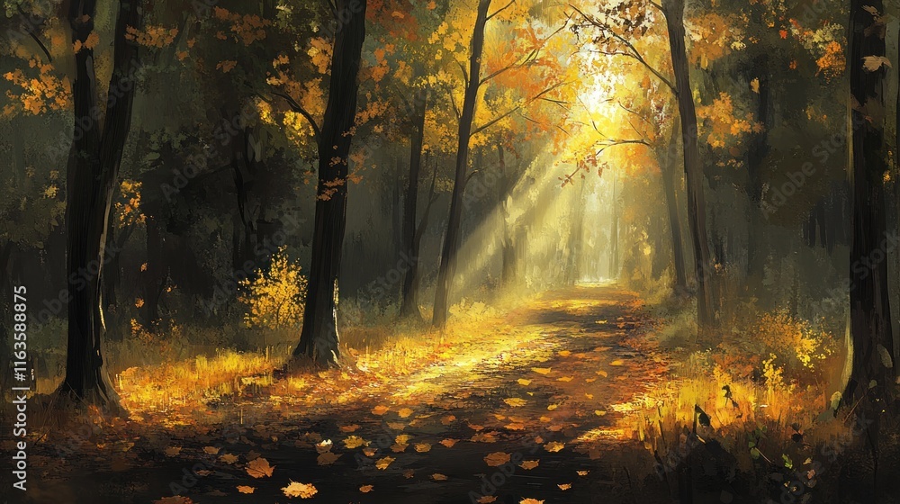 Sunbeams illuminate a path through an autumn forest, leaves scattered on the ground. Sunbeams illuminate a path through an autumn forest, leaves scattered on the ground.