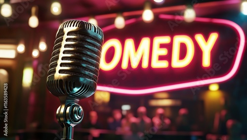 Vintage Microphone at Comedy Show: Stand-up, Jokes, Laughter, Neon Lights, Stage,  Humor, Mic, Club,  Performance, Audience photo