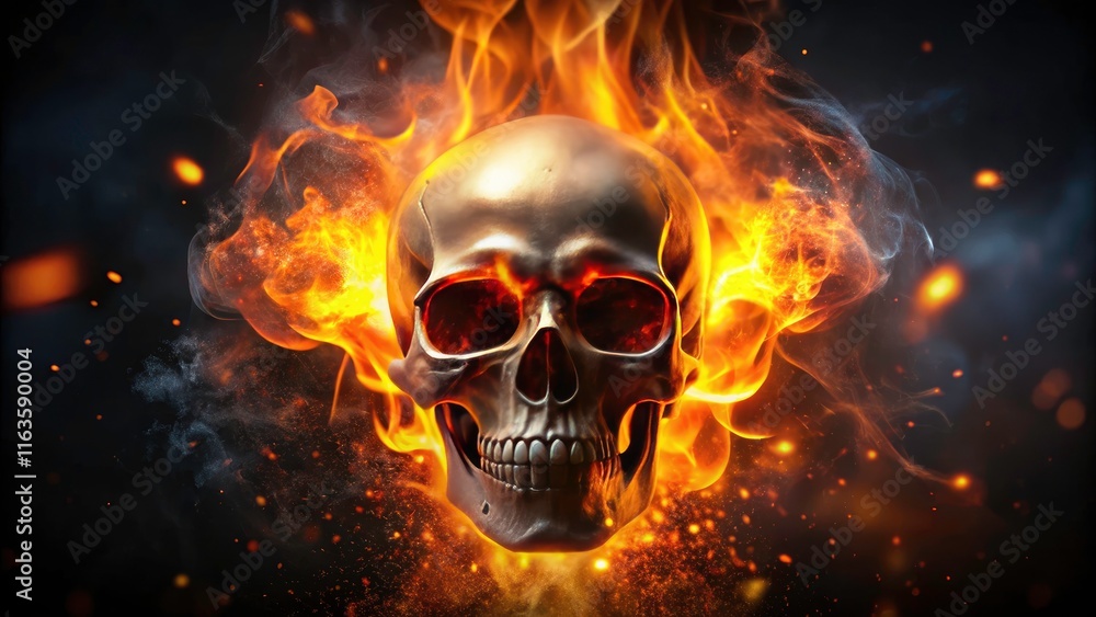Dramatic Bokeh Effect of a Skull in Flames Against a Dark Background – Captivating Fire and Smoke Visuals for Horror and Gothic Themes Dramatic Bokeh Effect of a Skull in Flames Against a Dark Background – Captivating Fire and Smoke Visuals for Horror and Gothic Themes