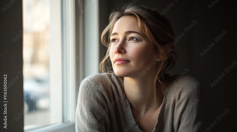 Pensive young woman looking out window, sunlight on face. Pensive young woman looking out window, sunlight on face.
