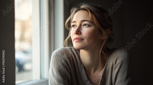 Pensive young woman looking out window, sunlight on face. Free Download Pensive young woman looking out window, sunlight on face. - GFXLoad