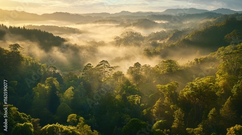 Wallpaper Mural Misty sunrise over lush green forest valley. Torontodigital.ca