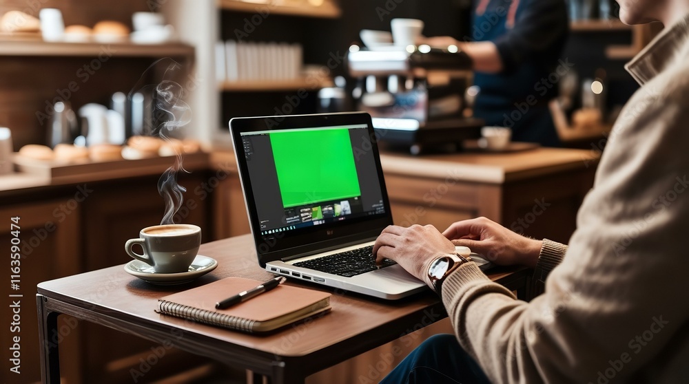 Man Editing Video on Laptop | Green Screen on Laptop | Working from a Coffee Shop | Video Production Setup | Freelancer at Work Man Editing Video on Laptop | Green Screen on Laptop | Working from a Coffee Shop | Video Production Setup | Freelancer at Work