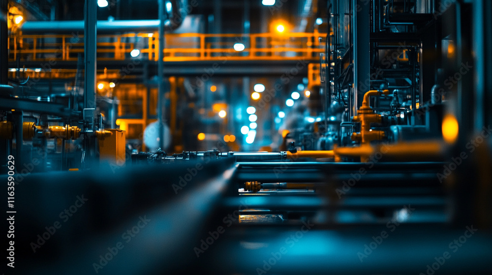 Industrial facility with illuminated machinery at night showcases advanced technology Industrial facility with illuminated machinery at night showcases advanced technology