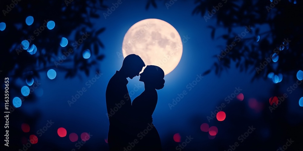 A romantic silhouette of a couple embracing under a full moon, creating an enchanting nighttime atmosphere filled with soft bokeh lights. A romantic silhouette of a couple embracing under a full moon, creating an enchanting nighttime atmosphere filled with soft bokeh lights.