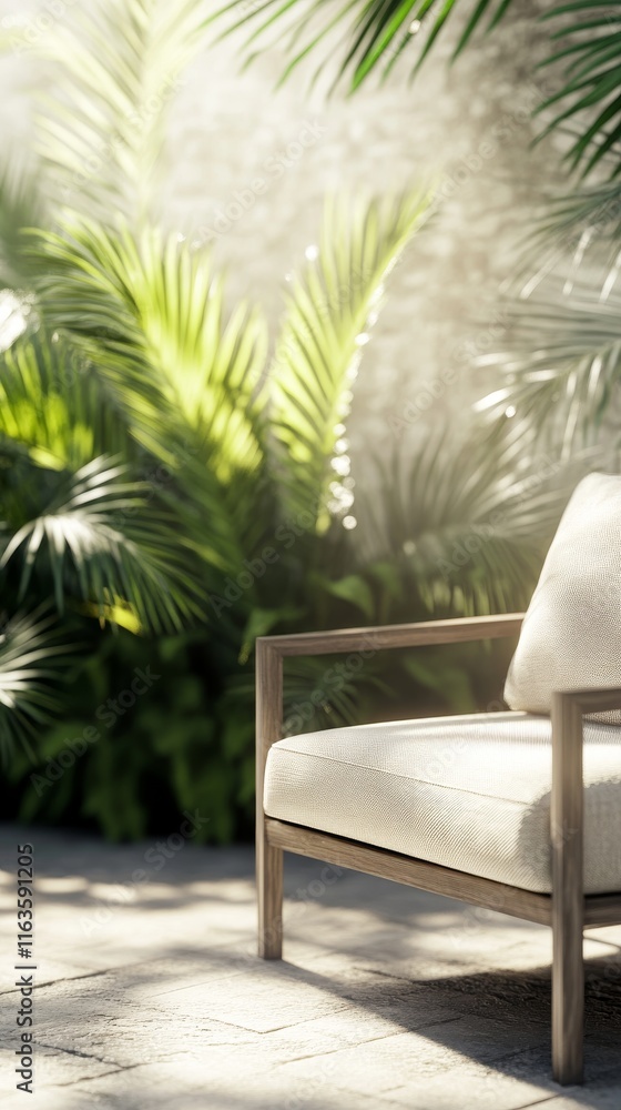Fototapeta premium A serene outdoor scene featuring a stylish chair surrounded by lush greenery, perfect for relaxation and leisure in nature.