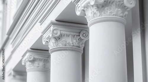 Close-up of three ornate white columns with capitals and entablatures.