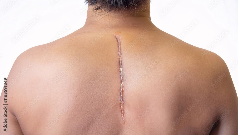 close-up of a linear scar on the back from an old fencing injury, showcasing faint healing marks and textured skin details in isolated white background
close-up of a linear scar on the back from an old fencing injury, showcasing faint healing marks and textured skin details in isolated white background