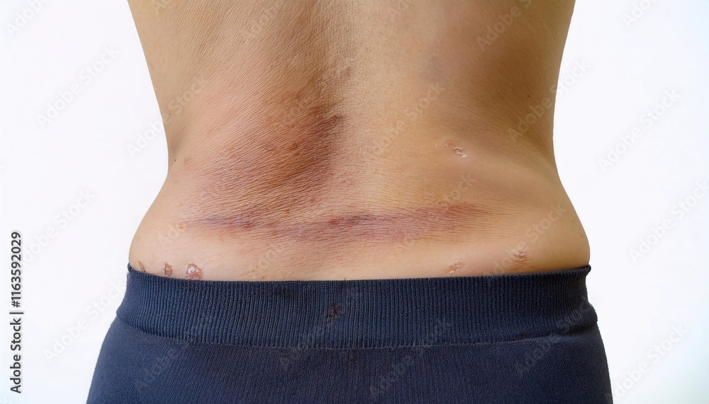 Naklejka premium close-up of a scar on the lower back caused by falling off a tree, showcasing uneven texture and healing marks in isolated white background 
